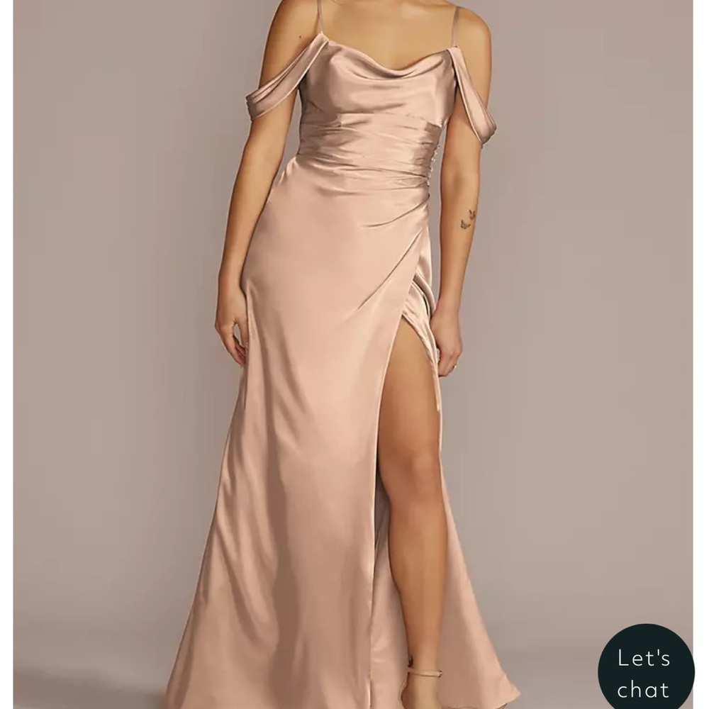 Blush Satin Draped Off-Shoulder Wedding Gown with Side Slit